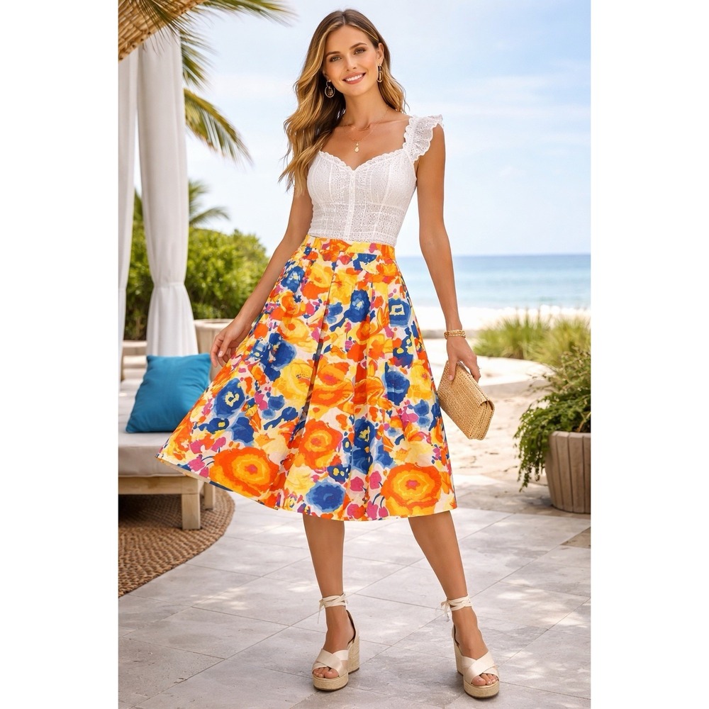 Liz‎ Claiborne 100% Linen Floral A Line Midi Skirt Pleated Preppy Coastal NWT 12